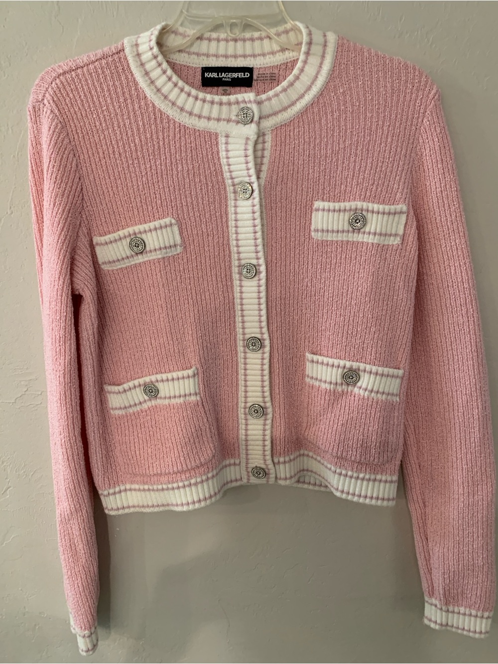 Karl Lagerfeld Pink Cardigan White Stripe Trim Cute Button Pocket No Flaw XS
